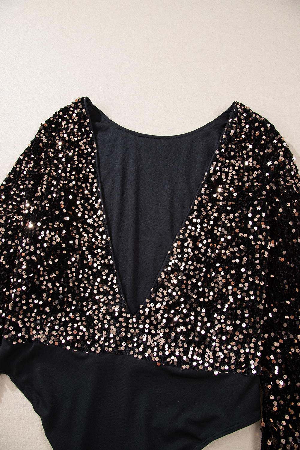 Black Deep V Back Sequin Puff Sleeve Bodysuit - loveforevers
