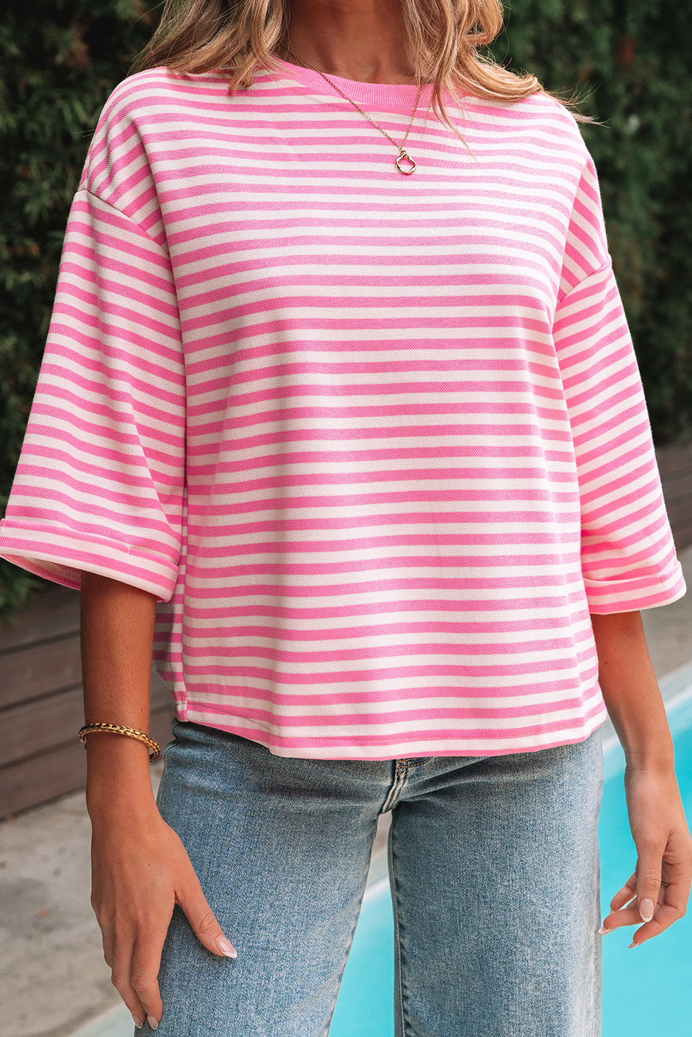 Red Stripe Bowknot Cutout Back Drop Shoulder Wide Bracelet Sleeve Loose Tee - loveforevers