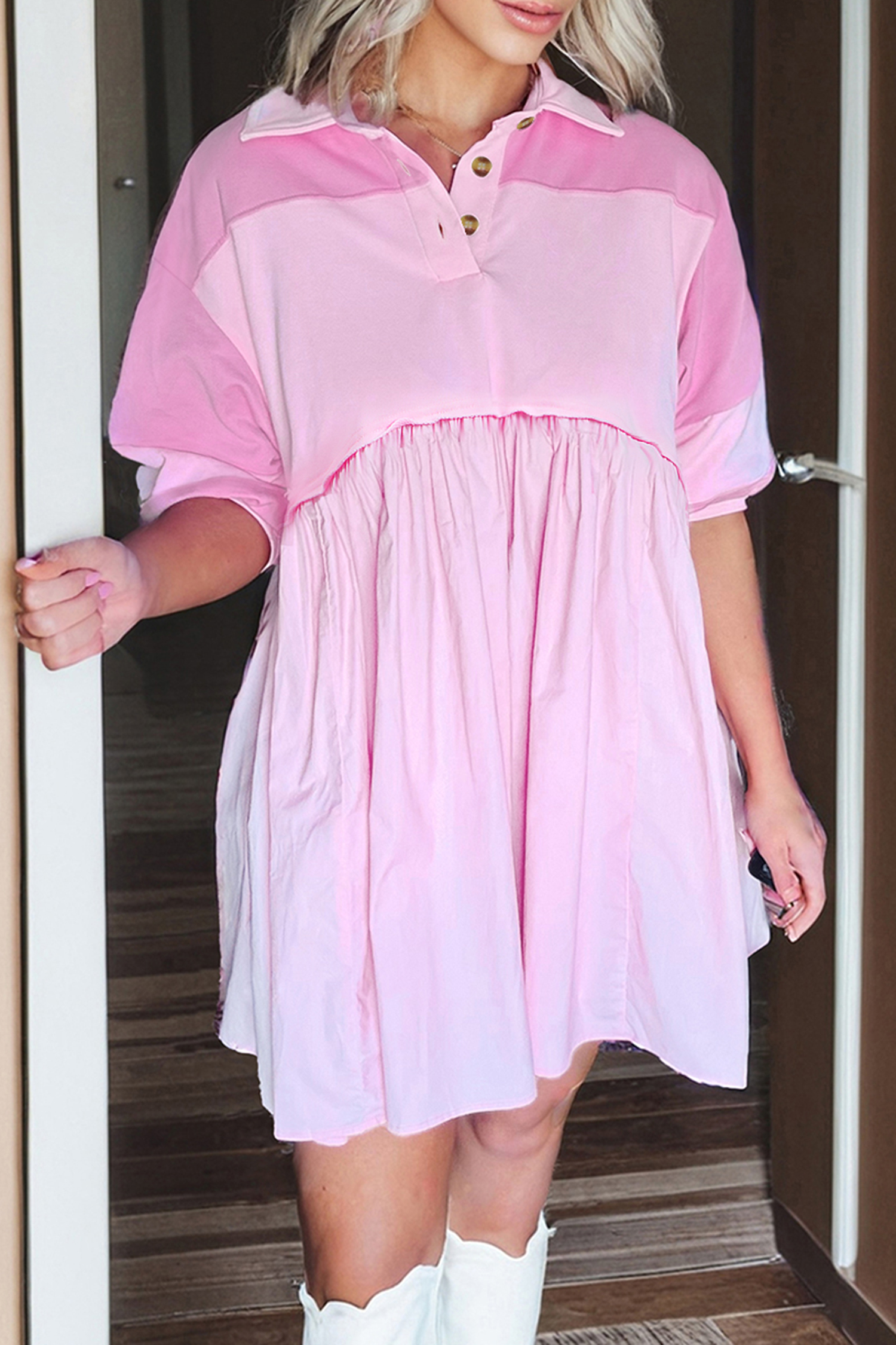 Pink Raw Seam Color Block Patchwork Button Polo Collar Mini Dress - loveforevers
