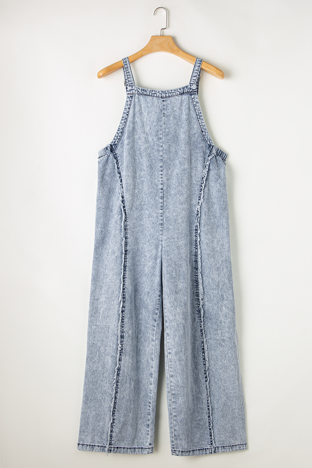 Beau Blue Light Wash Frayed Exposed Seam Wide Leg Denim Overall - loveforevers