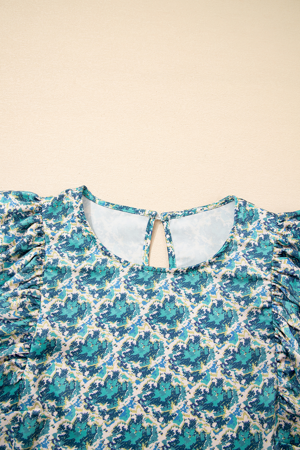 Green Abstract Print Shirred Cuff Puff Sleeve Blouse - loveforevers