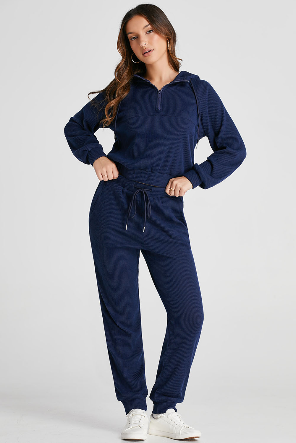 Navy Blue Ribbed Knit Cropped Hoodie and Drawstring Joggers Set - loveforevers