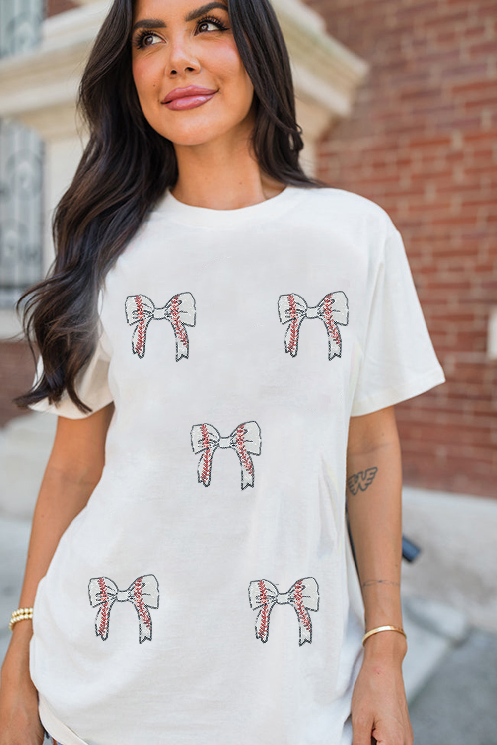 Black Glitter Baseball Bow Patched Cotton Blend T Shirt - loveforevers