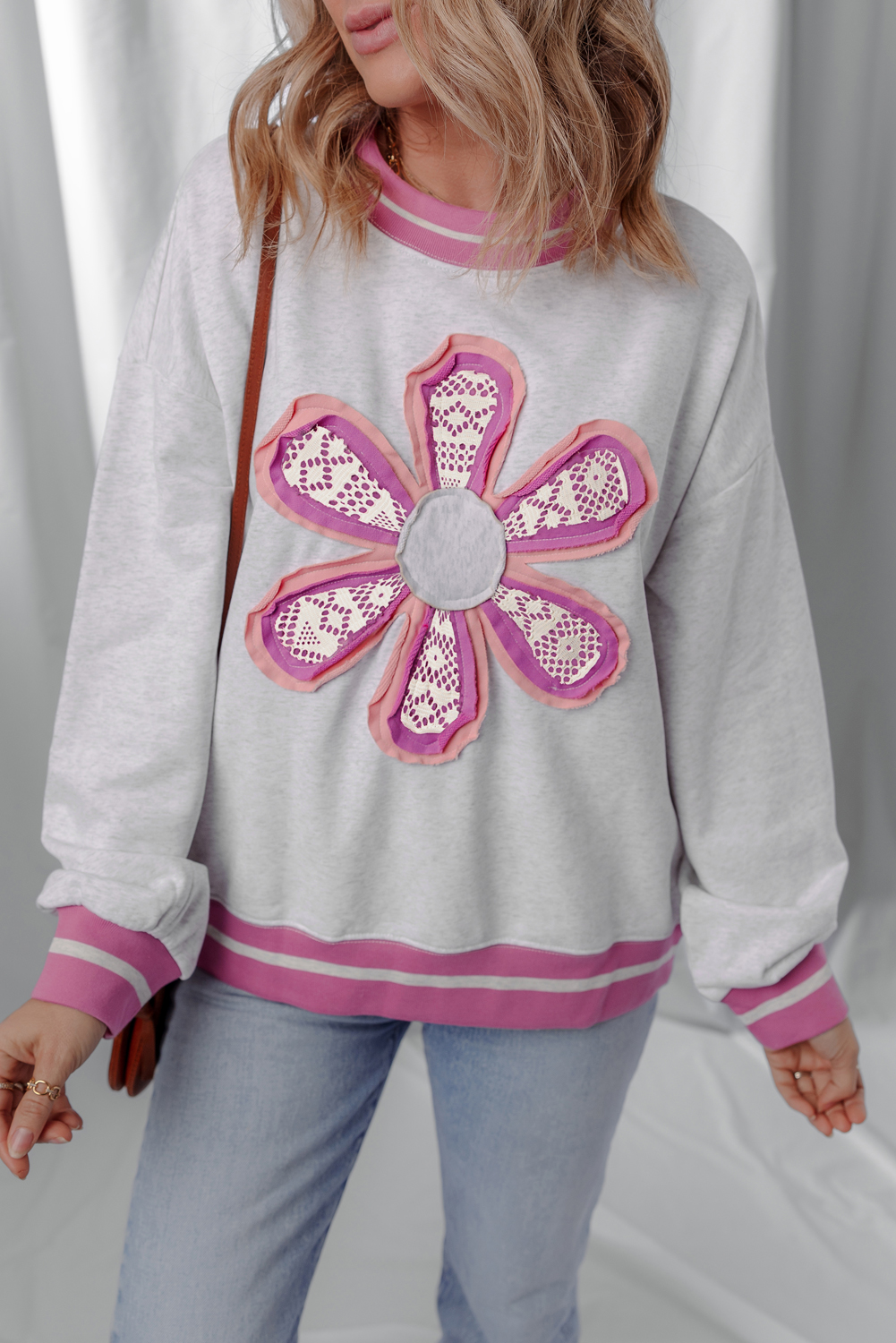 Gray Flower Patch Contrast Trim Crew Neck Sweatshirt - loveforevers