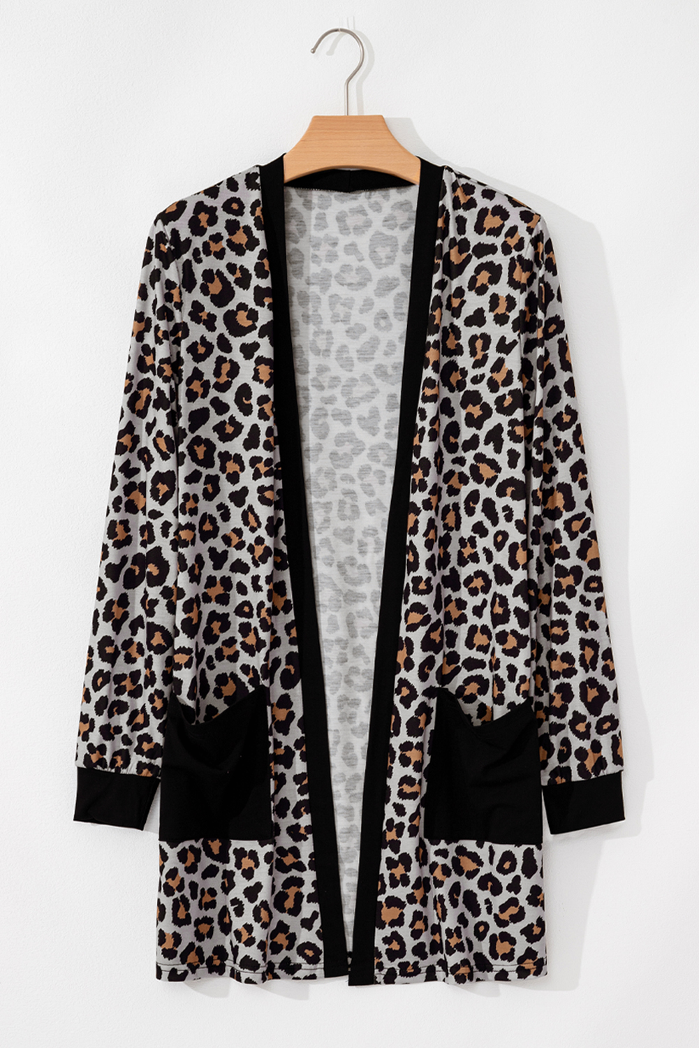 Black Leopard Patched Pocket Open Front Cardigan - loveforevers