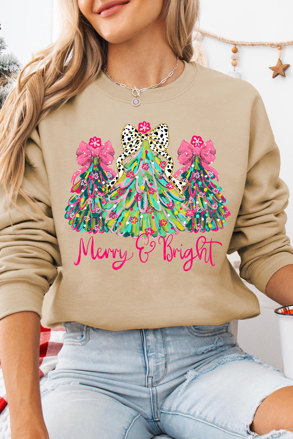 Khaki Merry & Bright Christmas Tree Print Pullover Sweatshirt - loveforevers
