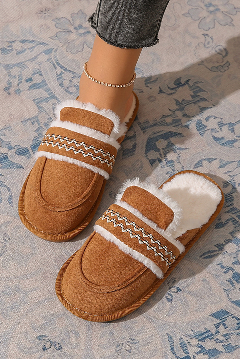 Chestnut Suede Wavy Striped Plush Lined Slippers (Run Small, Size Up) - loveforevers