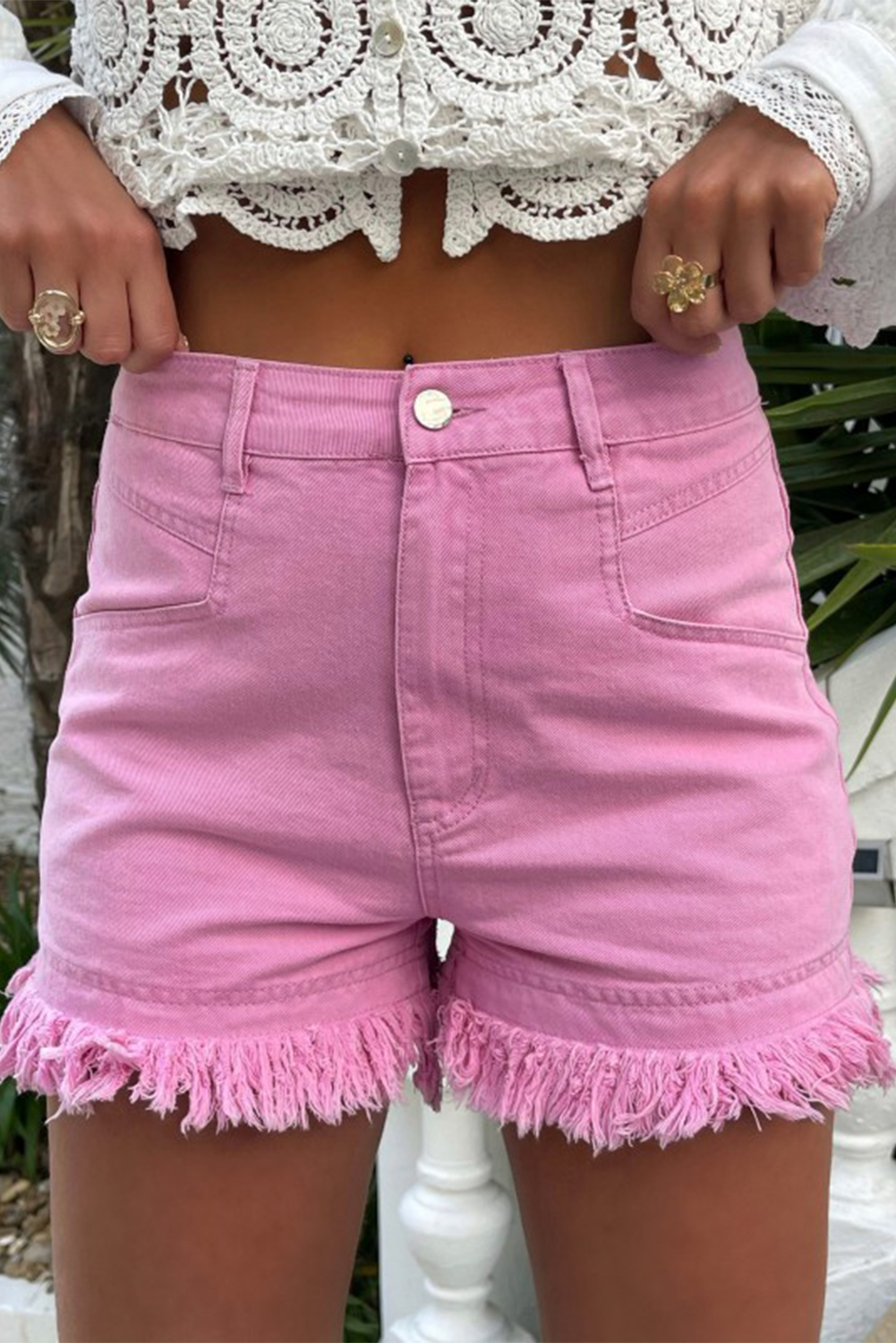 Pink Frayed Edge Mid Rise Denim Shorts - loveforevers