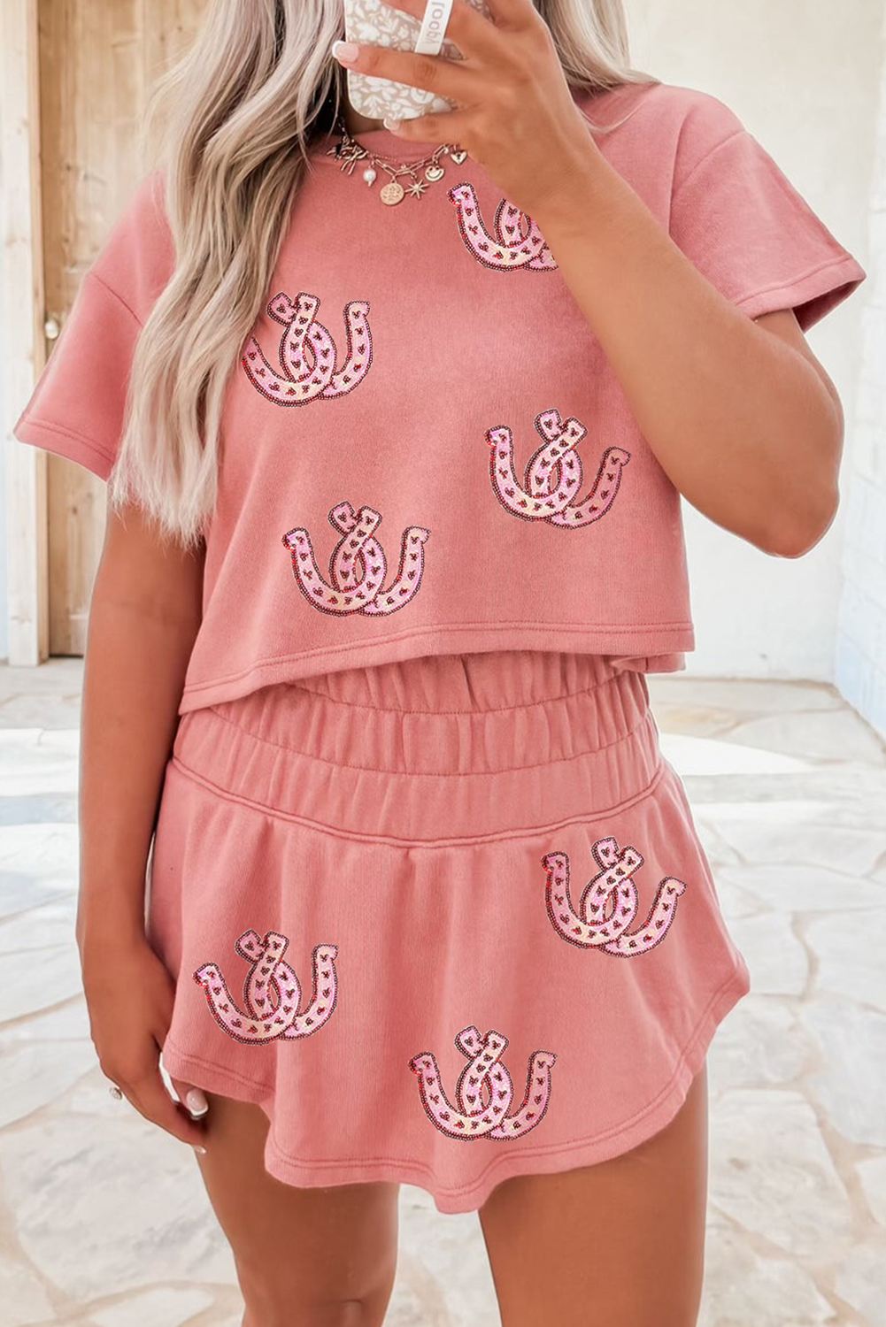Blossom Sequin Horse Shoe Cropped Tee and High Waist Skort Set - loveforevers