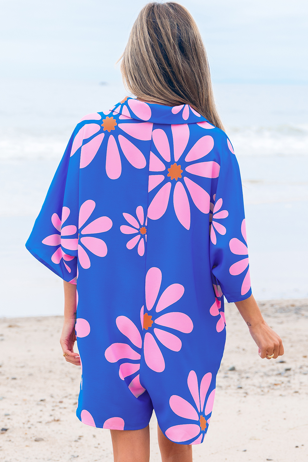 Blue Summer Flower Print Shirt Collar Button Front Loose Romper - loveforevers