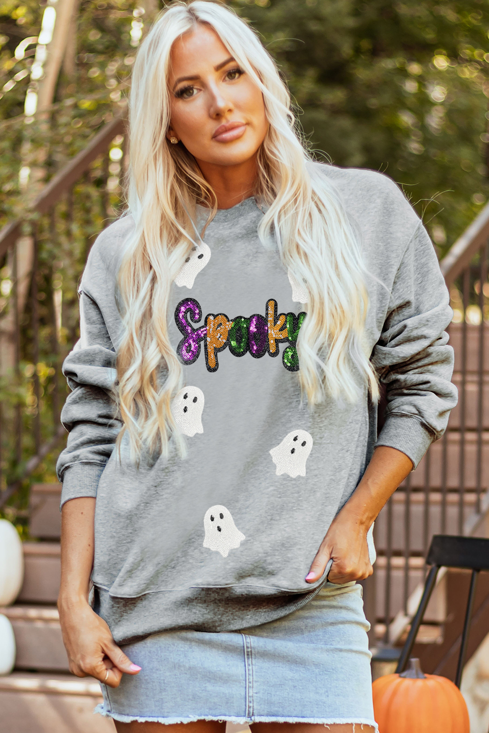 Gray Spooky Halloween Ghost Sequin Patched Sweatshirt - loveforevers