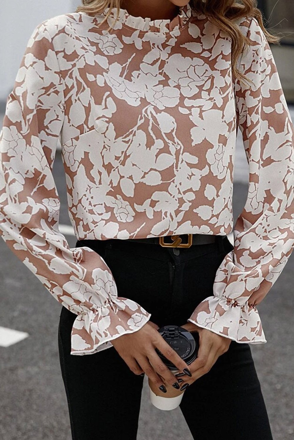 Light French Beige Floral Print Frilled Neckline Flounce Sleeve Blouse - loveforevers