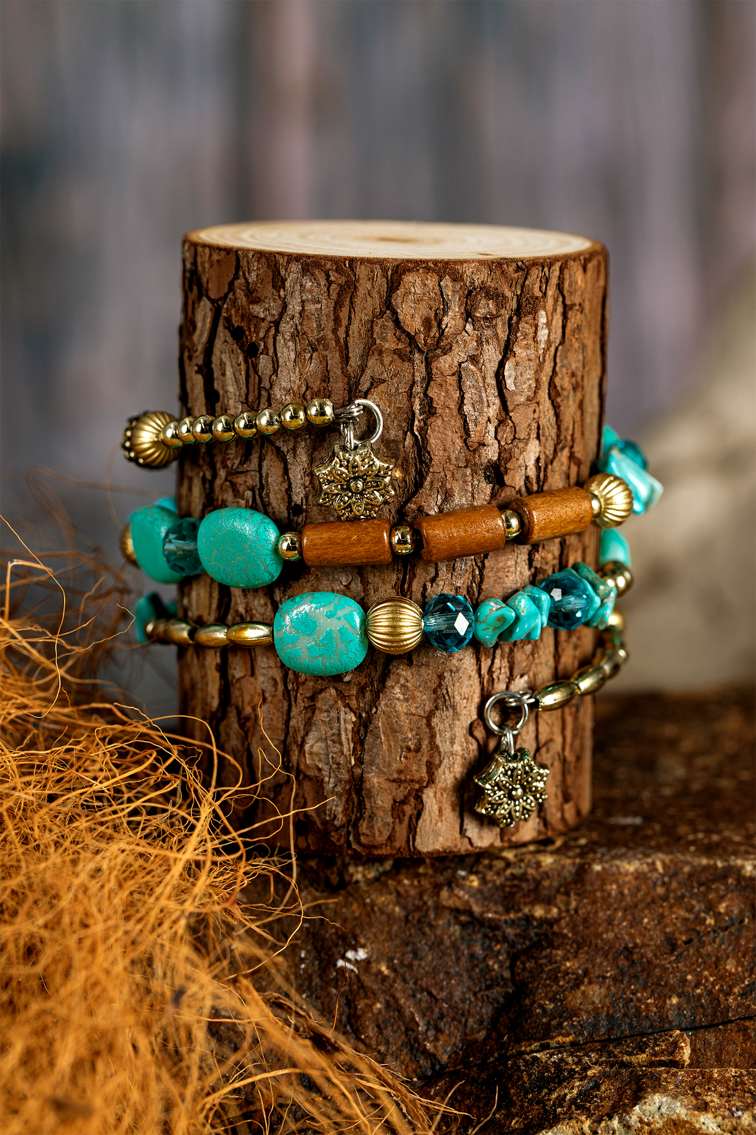 Turquoise Bohemian Style Crystal Stone Plated Bead Multi-Layer Winding Bracelet - loveforevers