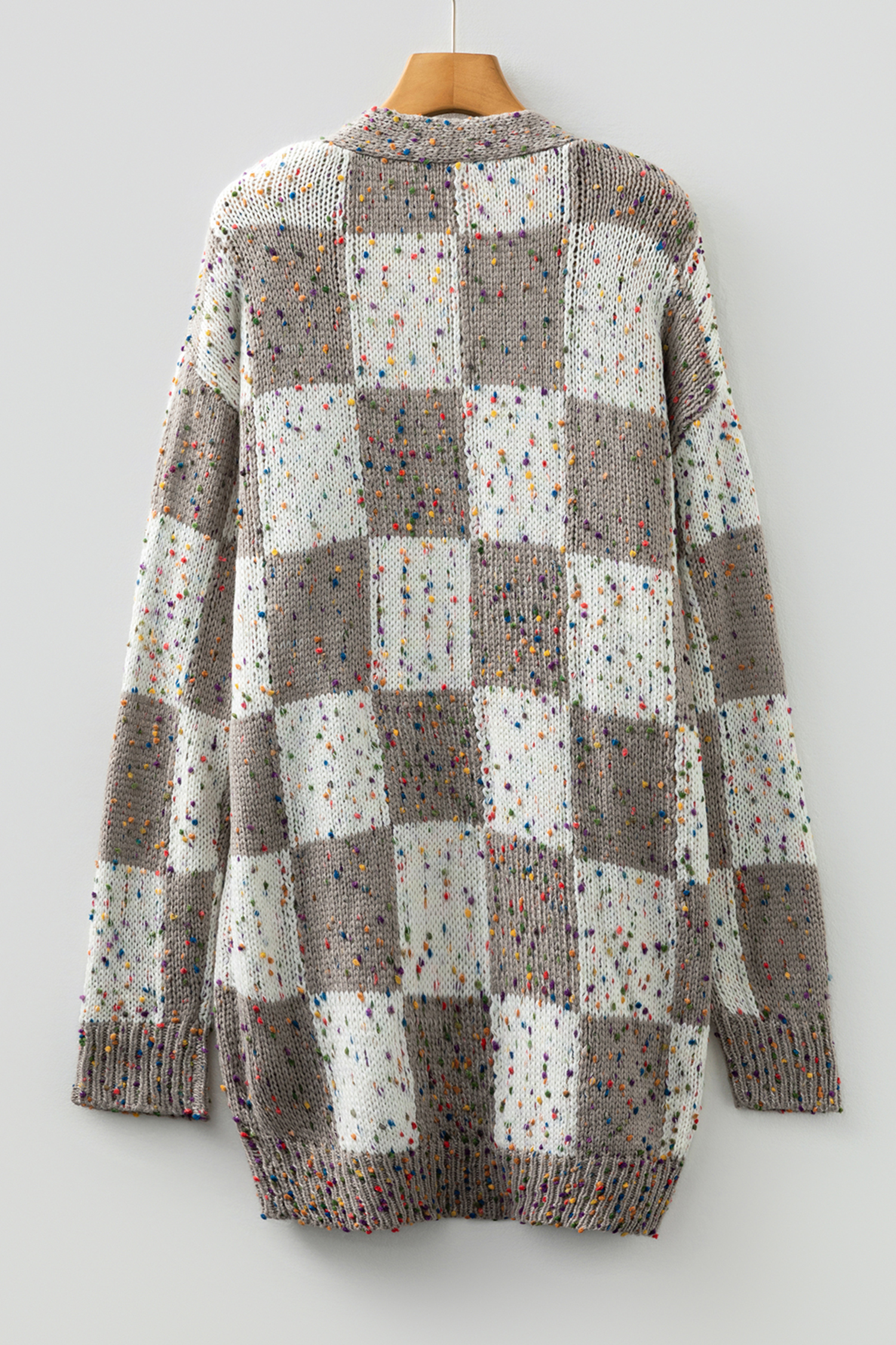 Brown Confetti Dot Checkered Print Open Cardigan with Pockets - loveforevers