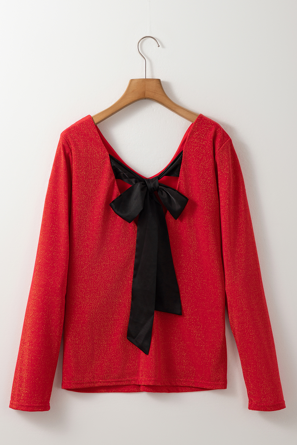 Red Metallic Bowknot Open Back V Neck Top - loveforevers