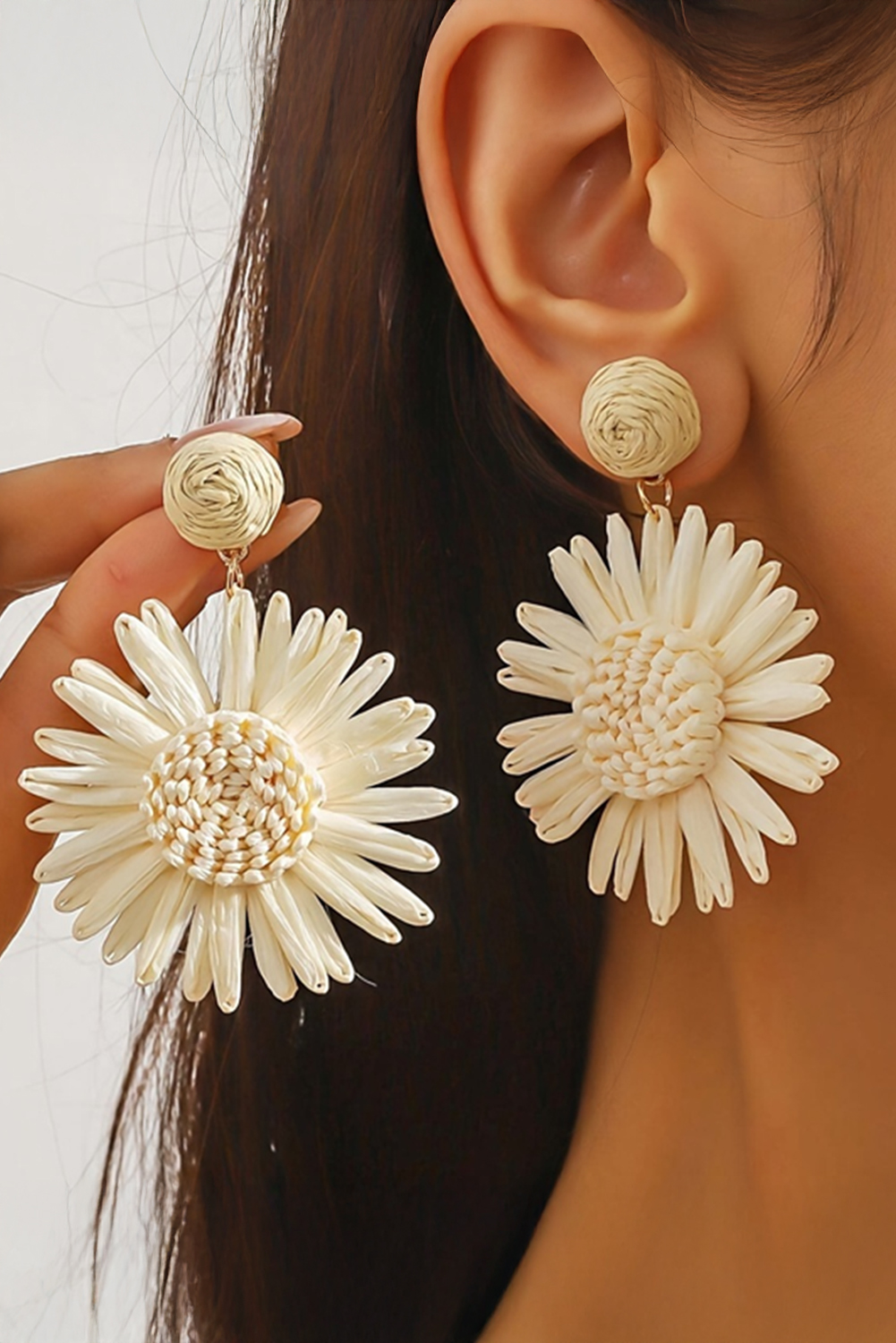 White Boho Raffia Crochet Sunflower Dangle Earrings - loveforevers