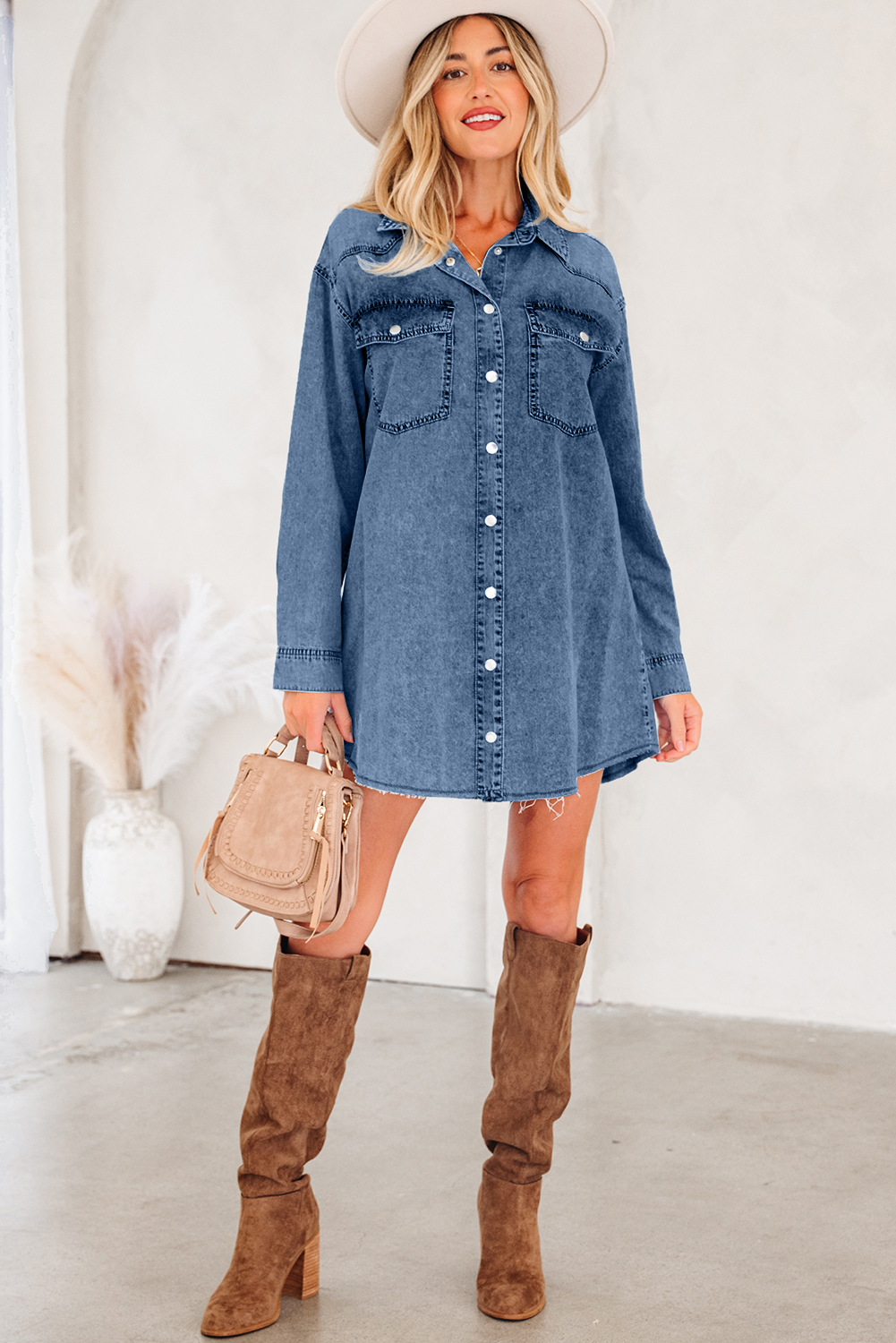 Blue Beau Chest Pocket Raw Hem Denim Loose Shirt Dress - loveforevers