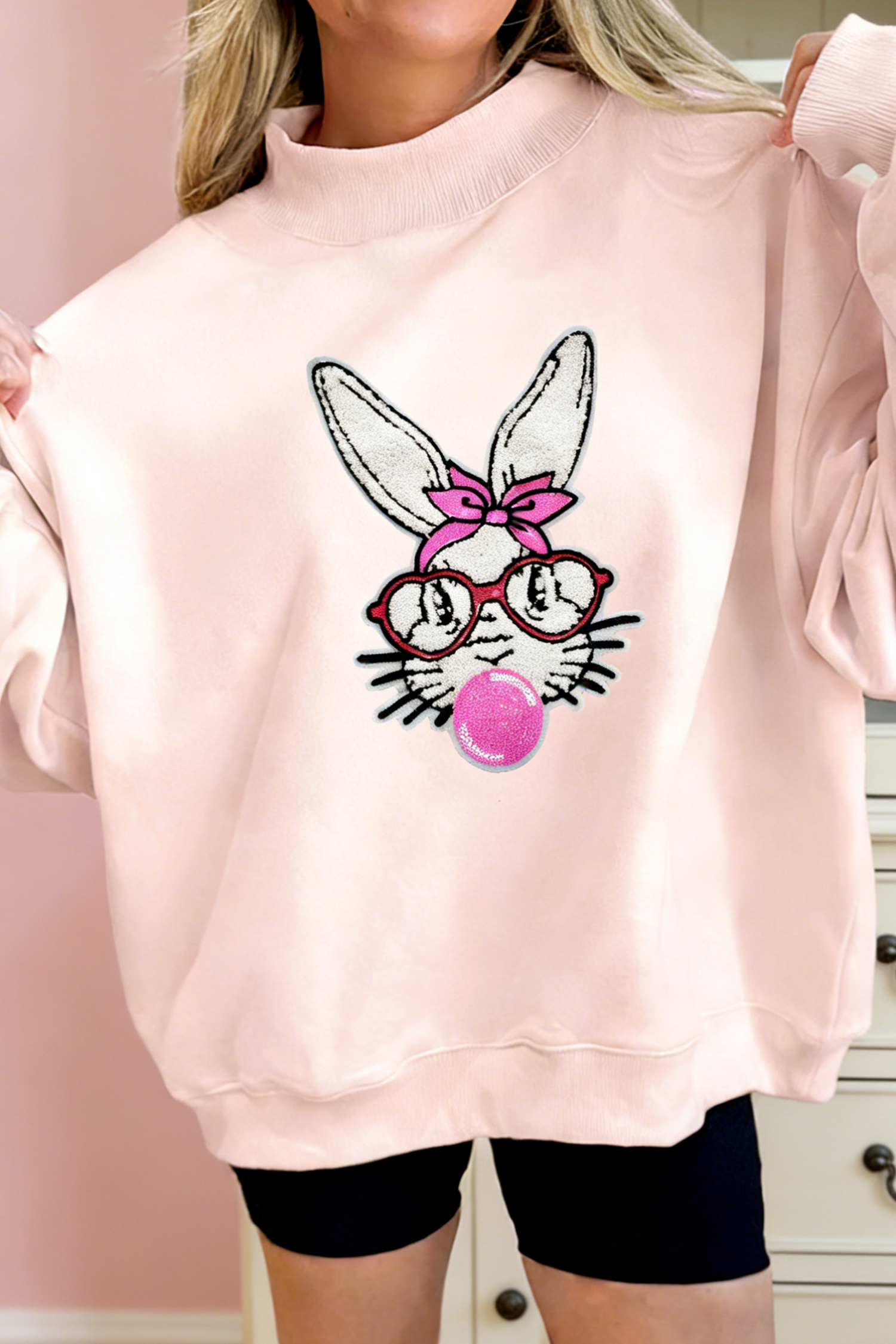 Apricot Pink Bubble Gum Bunny Chenille Patch Sweatshirt - loveforevers