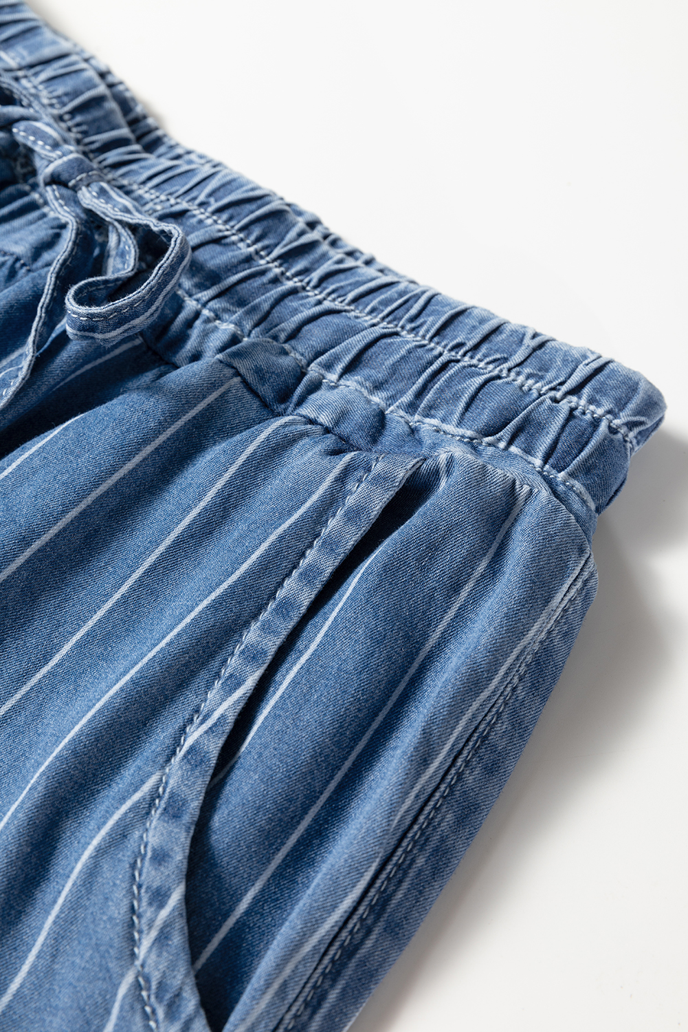 Blue Stripe Chambray Wide Leg Tied Elastic Waist Trousers - loveforevers