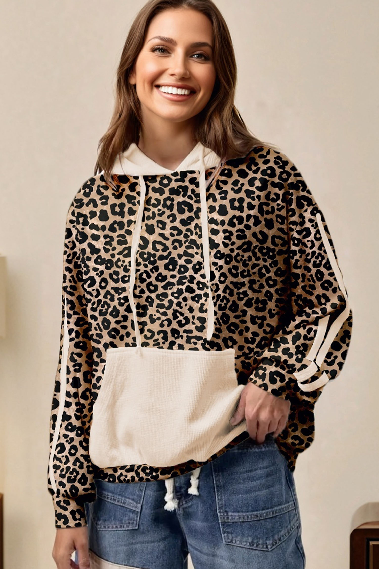 Leopard Print Waffle Contrast Kangaroo Pocket Hooded Sweatshirt - loveforevers