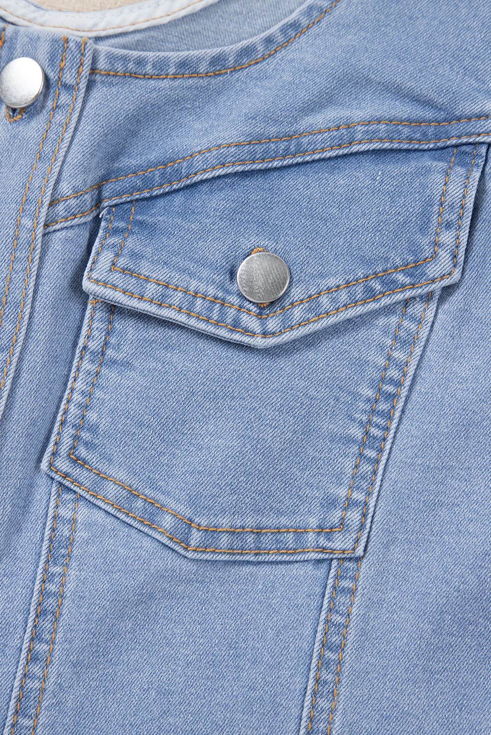 Beau Blue Light Wash Denim Buttoned Front Chest Pockets Sleeveless Slim Mini Dress - loveforevers