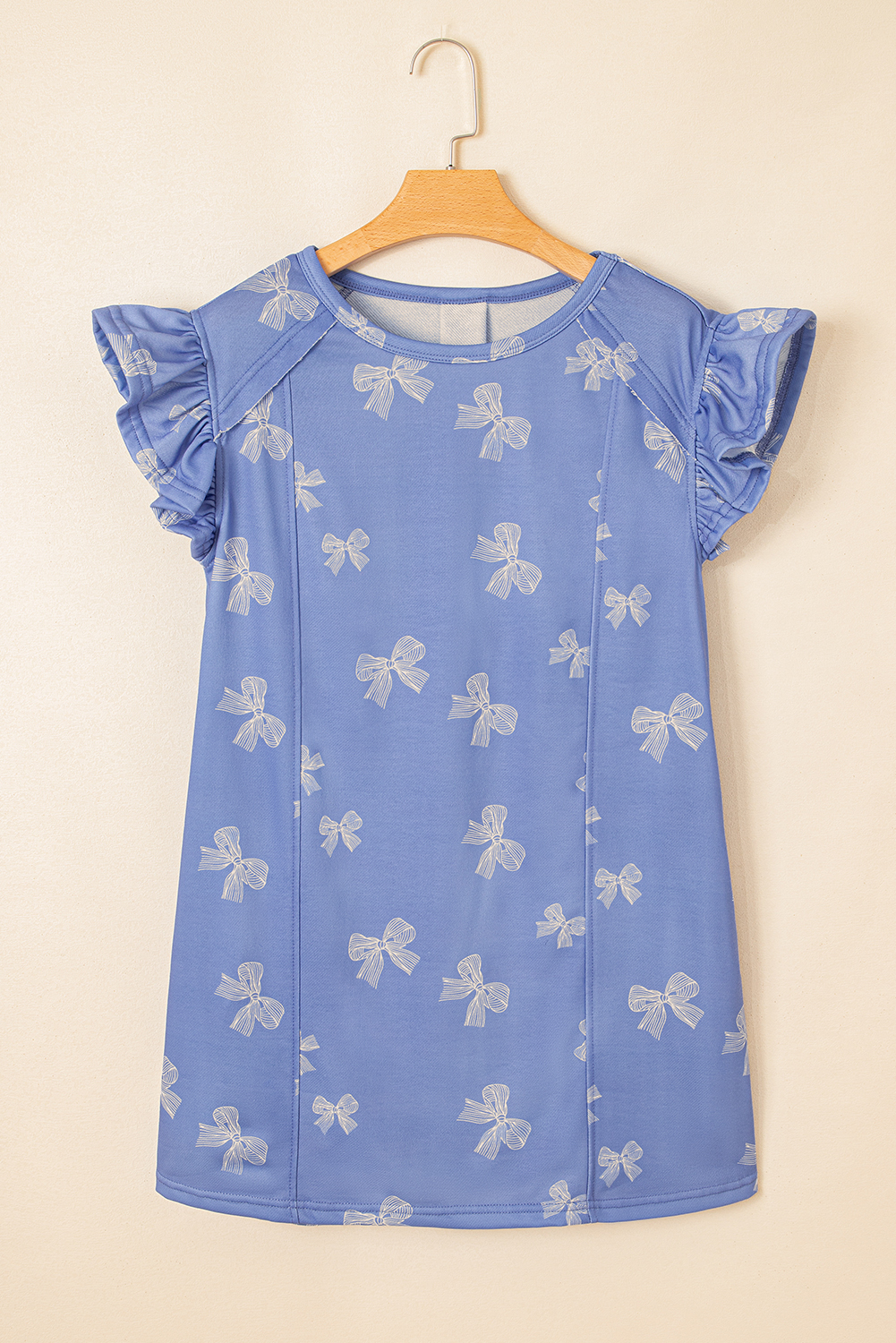 Sky Blue Bow Knot Print Crewneck Ruffled Sleeve Shift Mini Dress - loveforevers