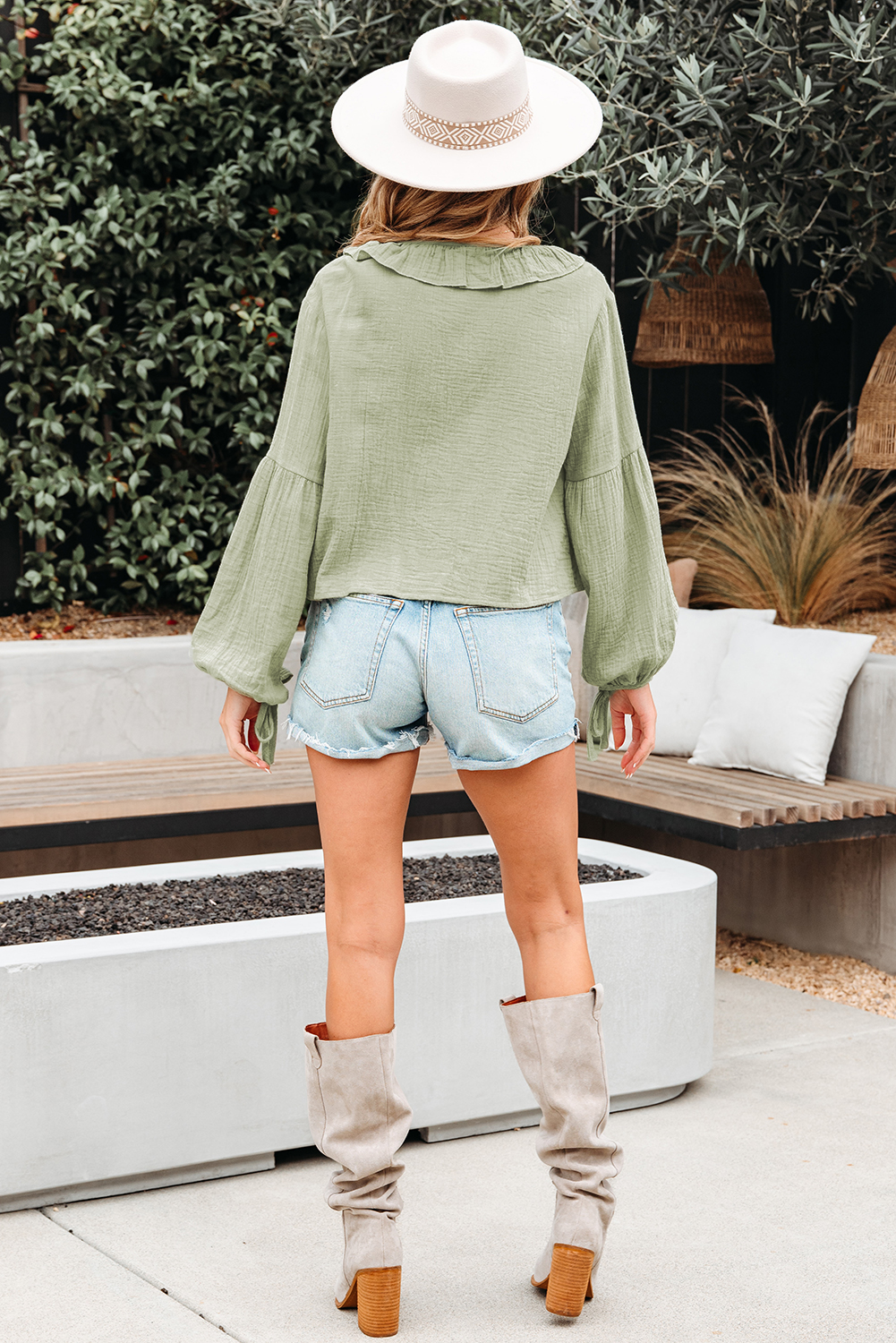 Meadow Mist Green Bow Tie Front Ruffle Trim V Neck Long Sleeve Gauze Blouse - loveforevers