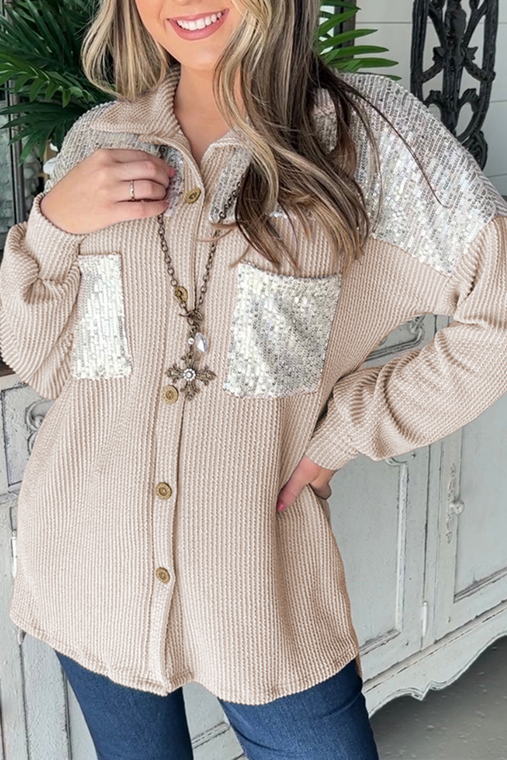 Parchment Sequin Patch Chest Pocket Corded Shacket - loveforevers