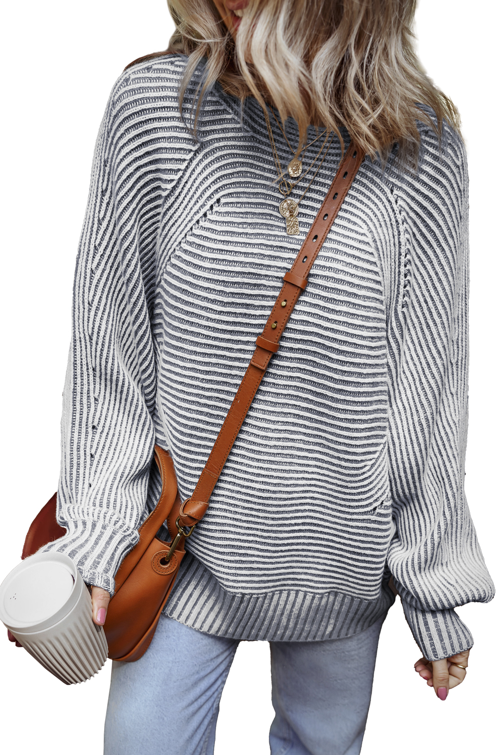 Coffee Striped Print Ribbed Knit Boat Neck Baggy Sweater - loveforevers