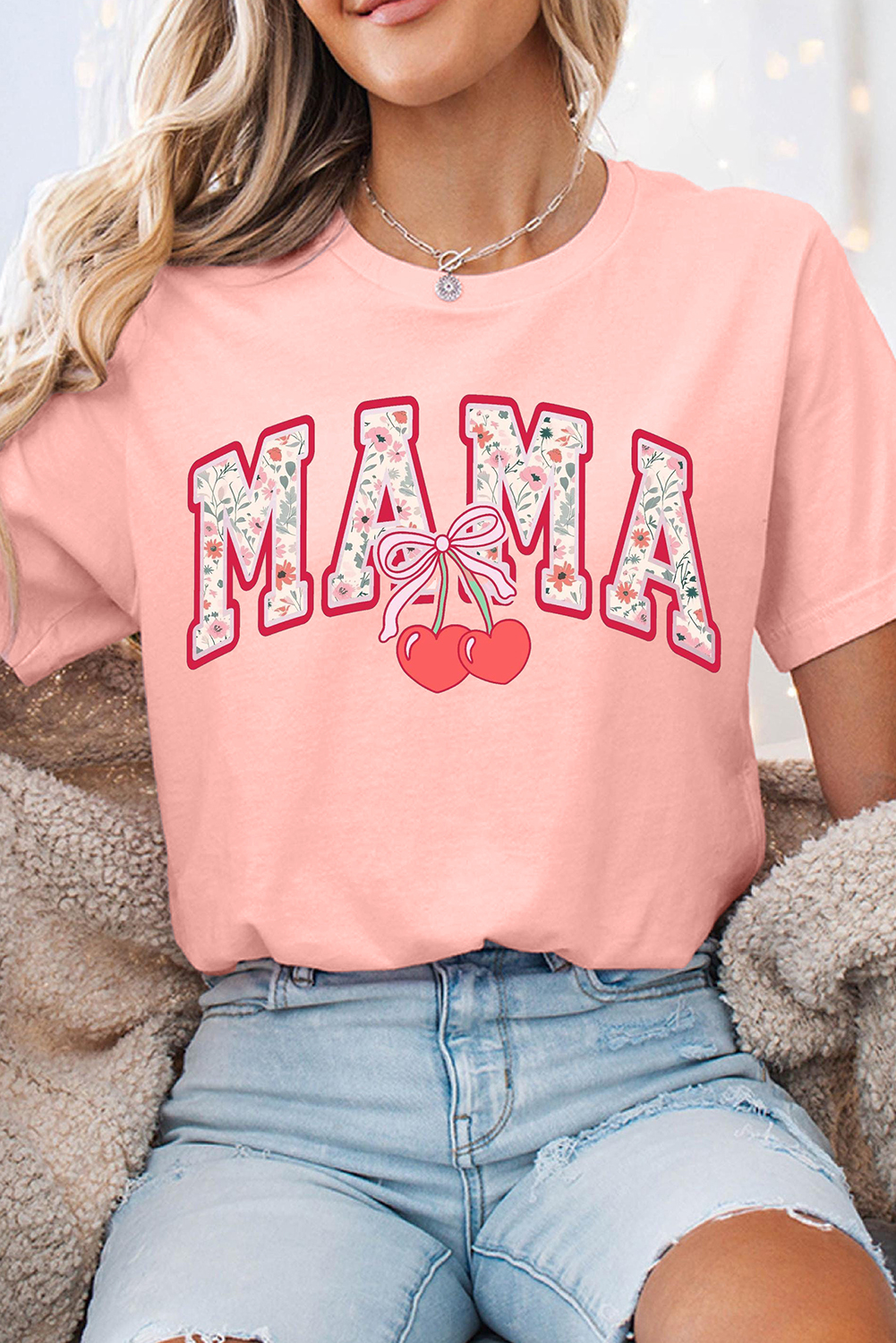 Pink Floral MAMA Cherry Graphic Crewneck T Shirt - loveforevers