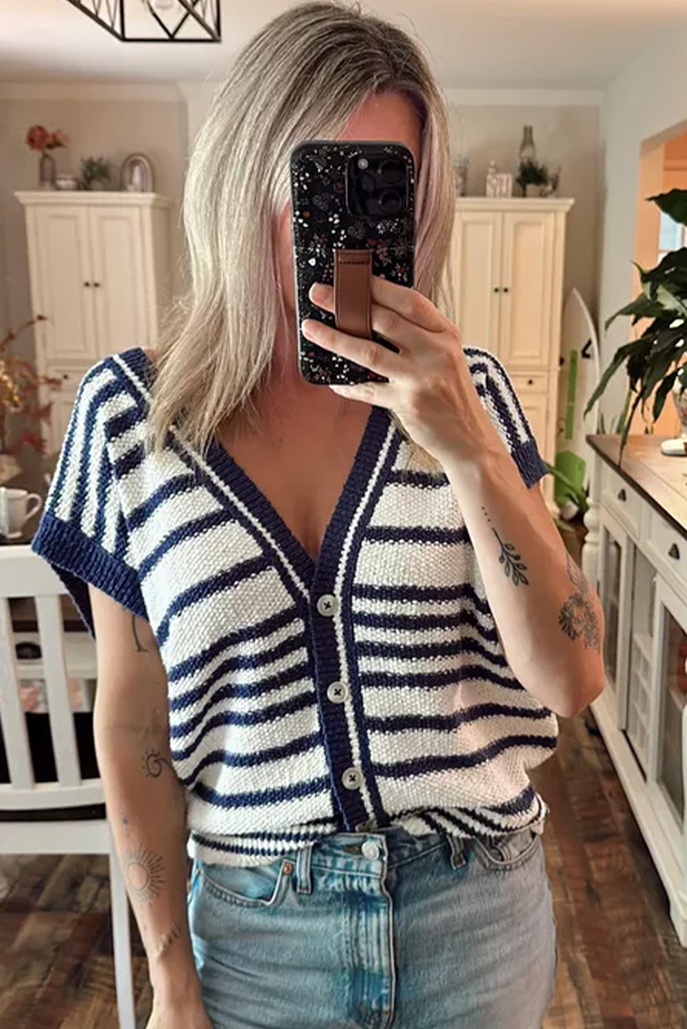 Blue Stripe Loose Buttoned V Neck Sweater Vest - loveforevers