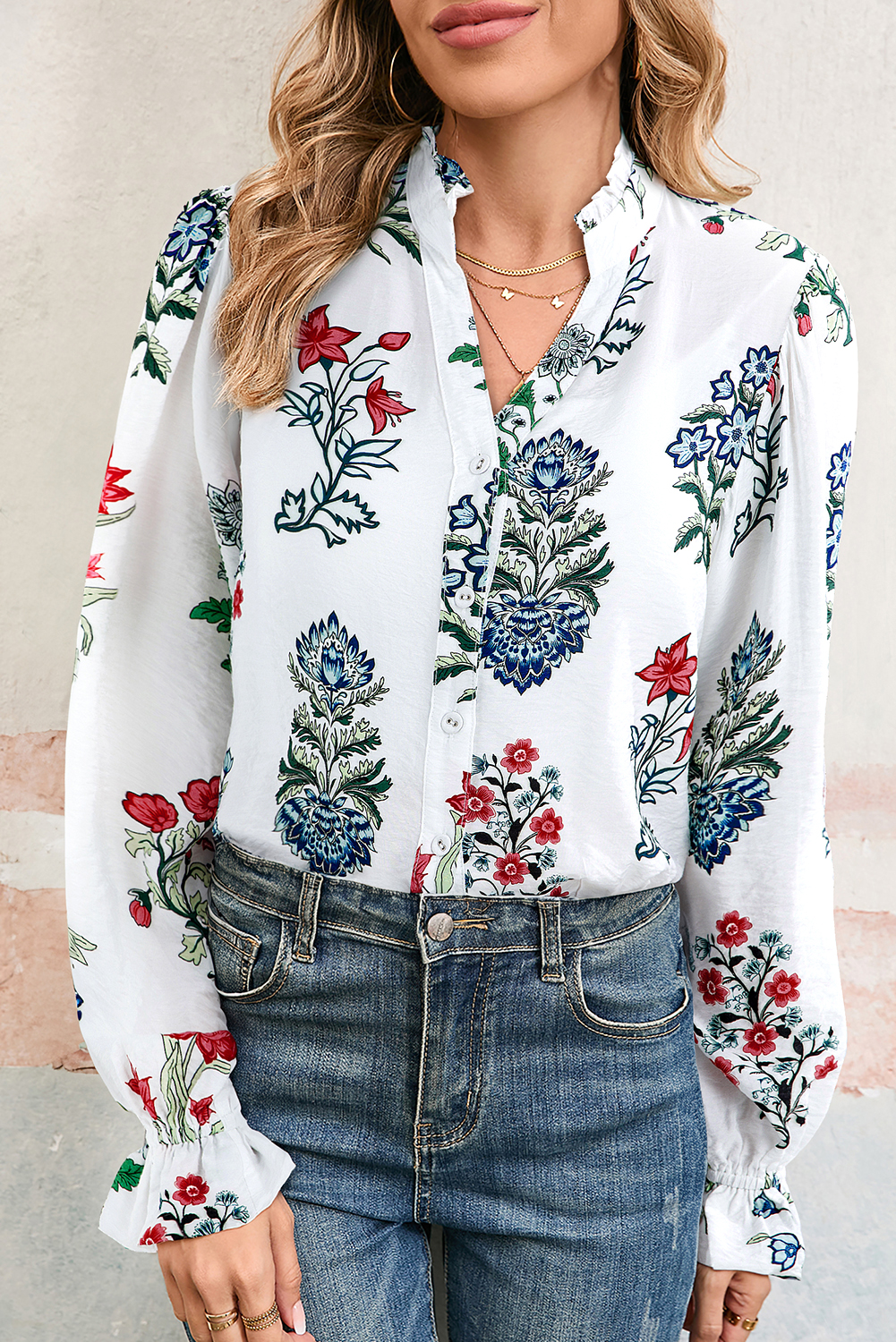 White Floral Print Frilled Collar V Neck Button Down Long Sleeve Shirt - loveforevers