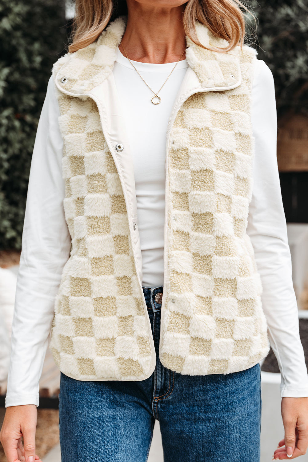 Khaki Sherpa Checkerboard Snap Button Vest Jacket With Pocket - loveforevers