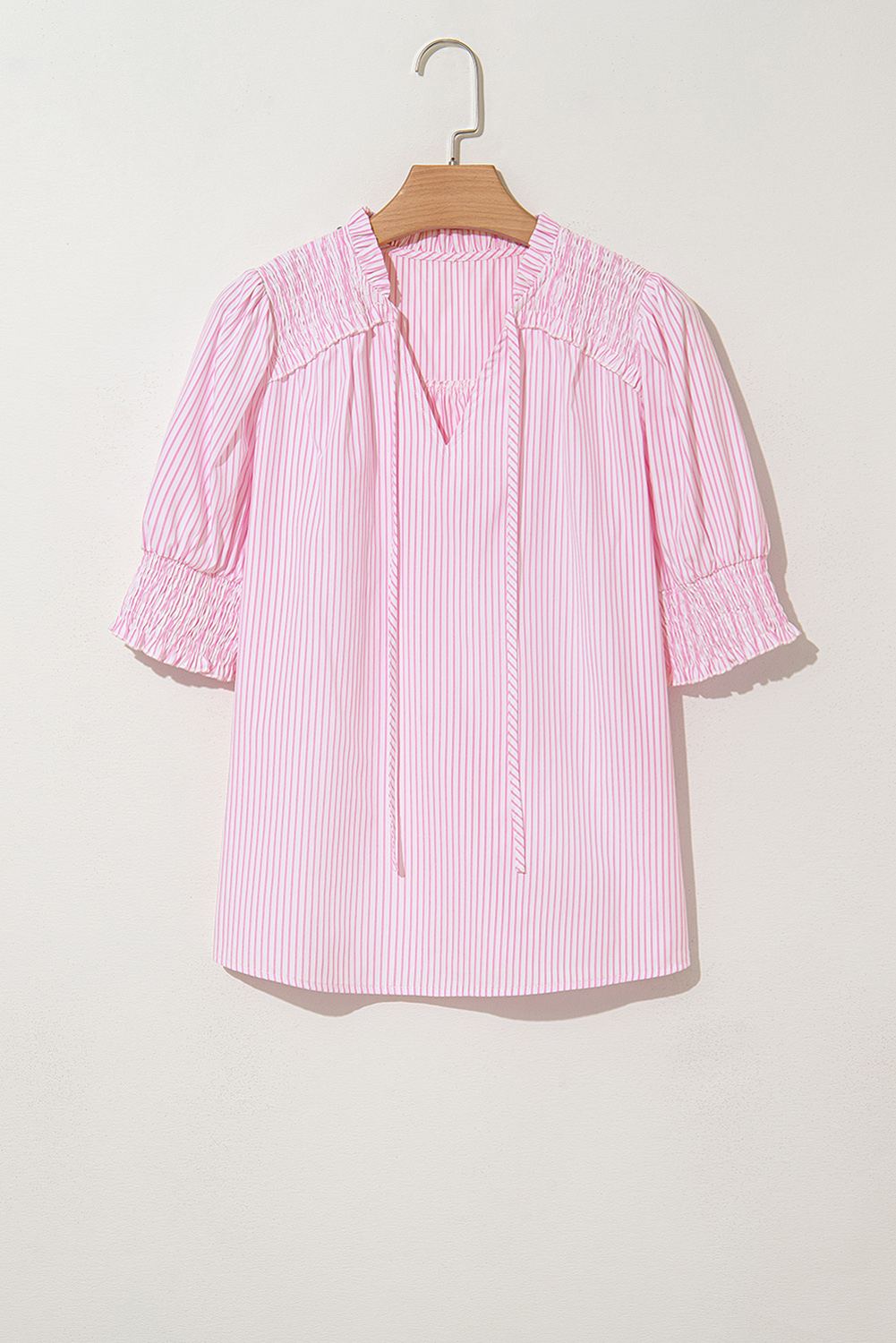 Gray Stripe Shirred Detail V Neck Puff Half Sleeve V Neck Blouse - loveforevers