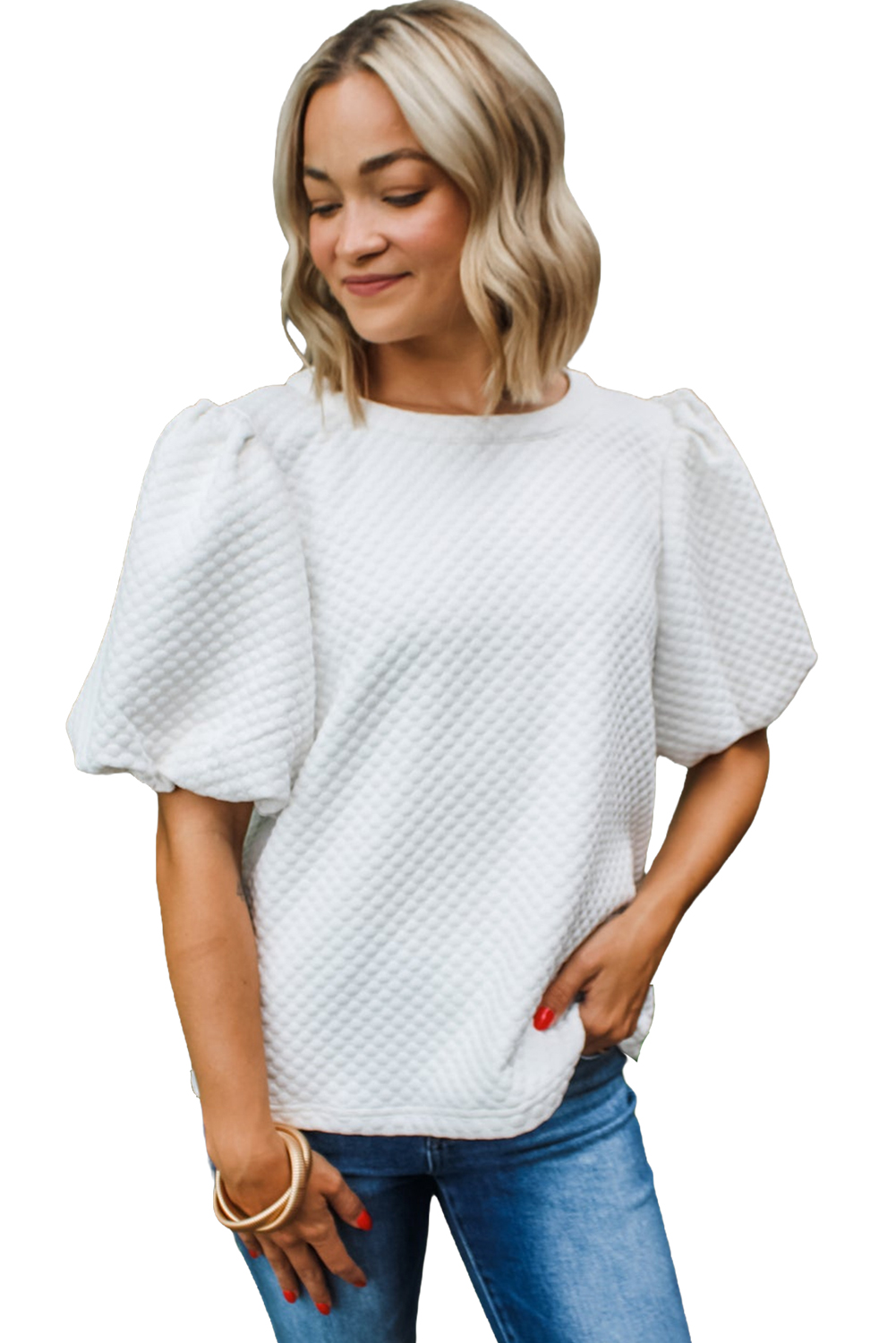 White Solid Textured O Neck Puff Sleeve Blouse - loveforevers