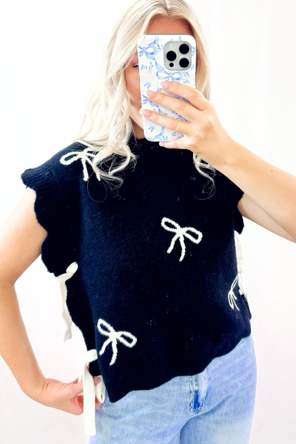 Black Bow Print Side Ties Scalloped Hem Sweater T Shirt - loveforevers