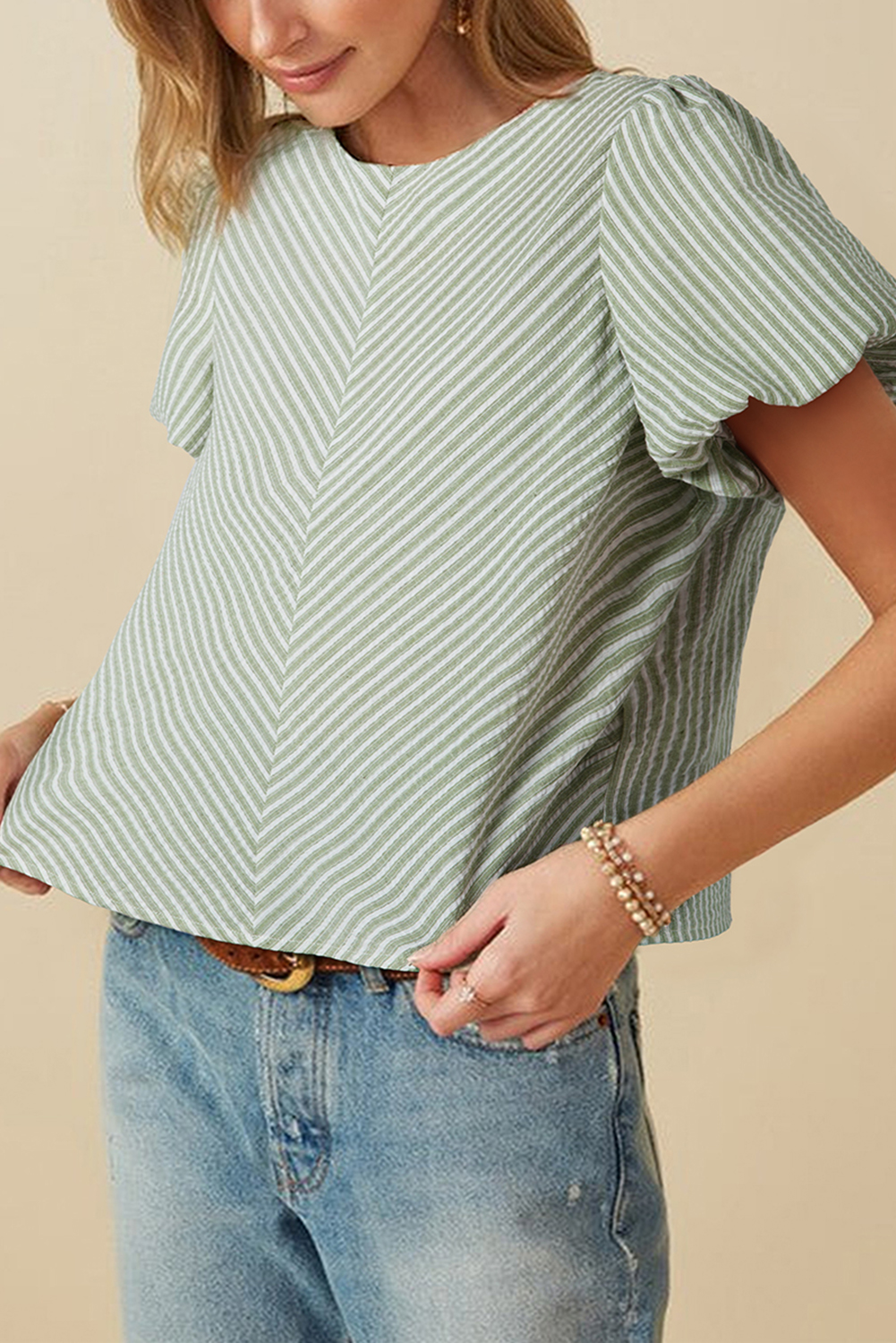 Green Stripe Textured Round Neck Short Puff Sleeve Blouse - loveforevers