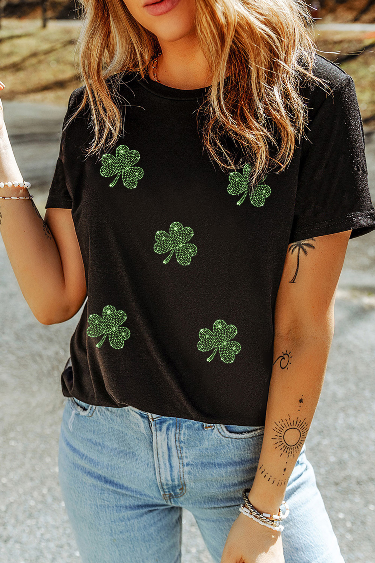 Black St Patricks Day Rhinestone Clover Round Neck Tee - loveforevers