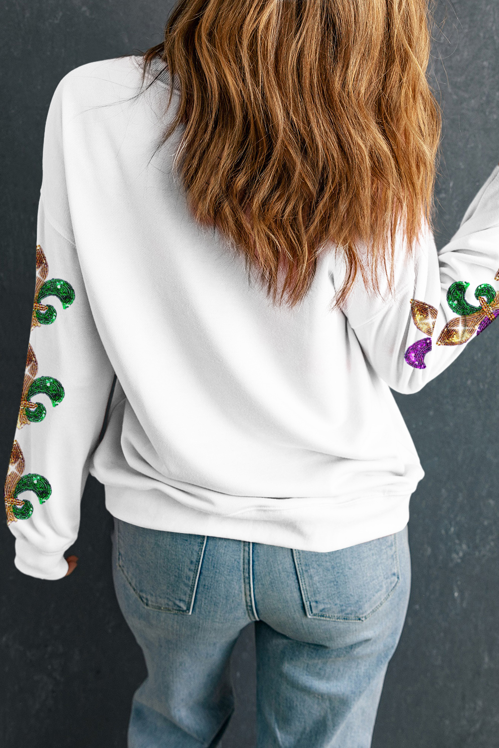 Beige Sequin Mardi Gras Patched Pattern Fleur de Lis Sleeve Sweatshirt - loveforevers