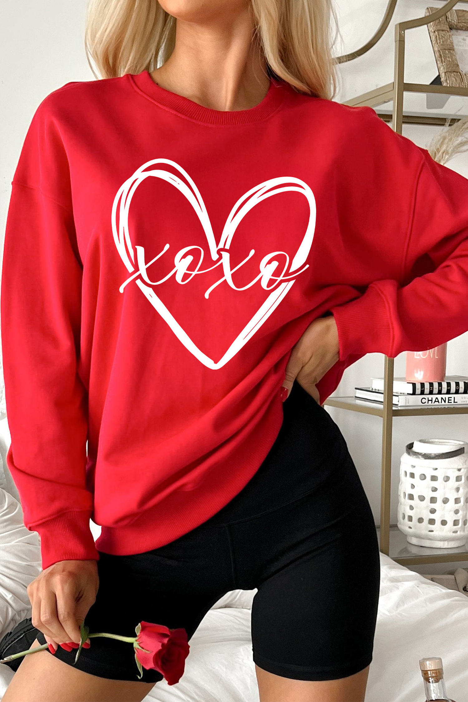 Red xoxo Valentines Heart Sketch Printed Pullover Sweatshirt - loveforevers