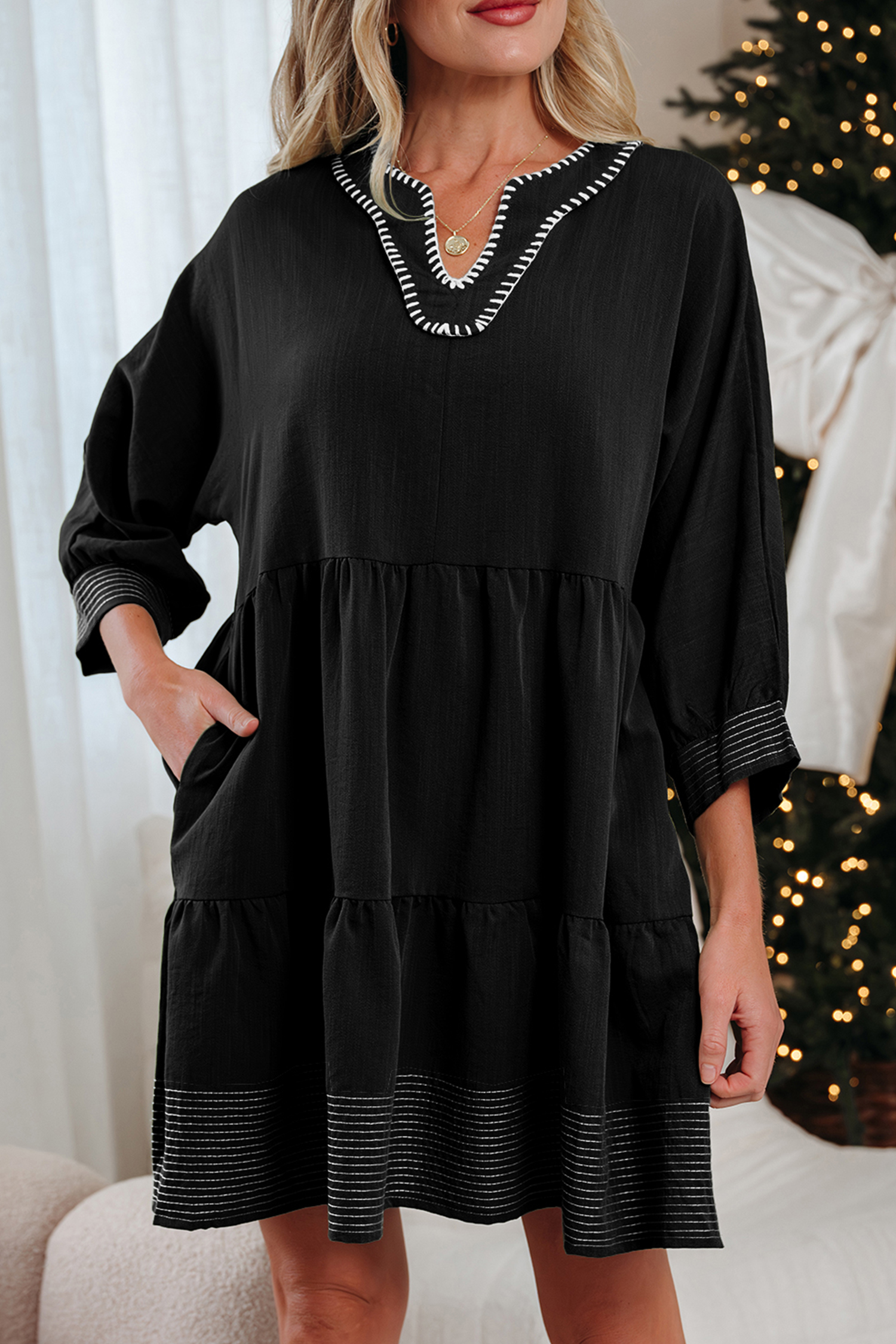 Black Contrast Stitched V Neck 3/4 Sleeve Tiered Mini Dress - loveforevers