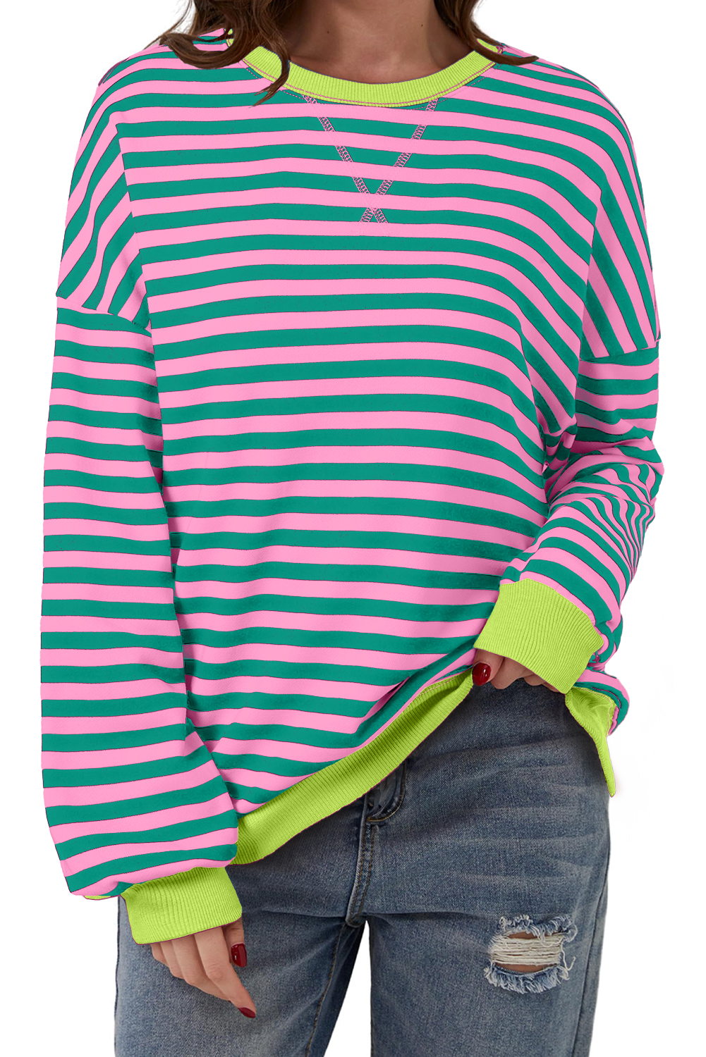 Red Stripe Contrast Ribbed Trim Crossed Stitch Drop Shoulder Sweatshirt - loveforevers