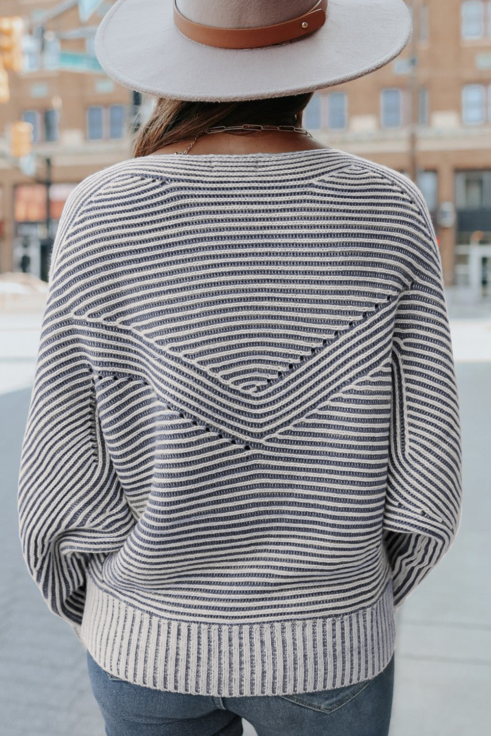 Coffee Striped Print Ribbed Knit Boat Neck Baggy Sweater - loveforevers