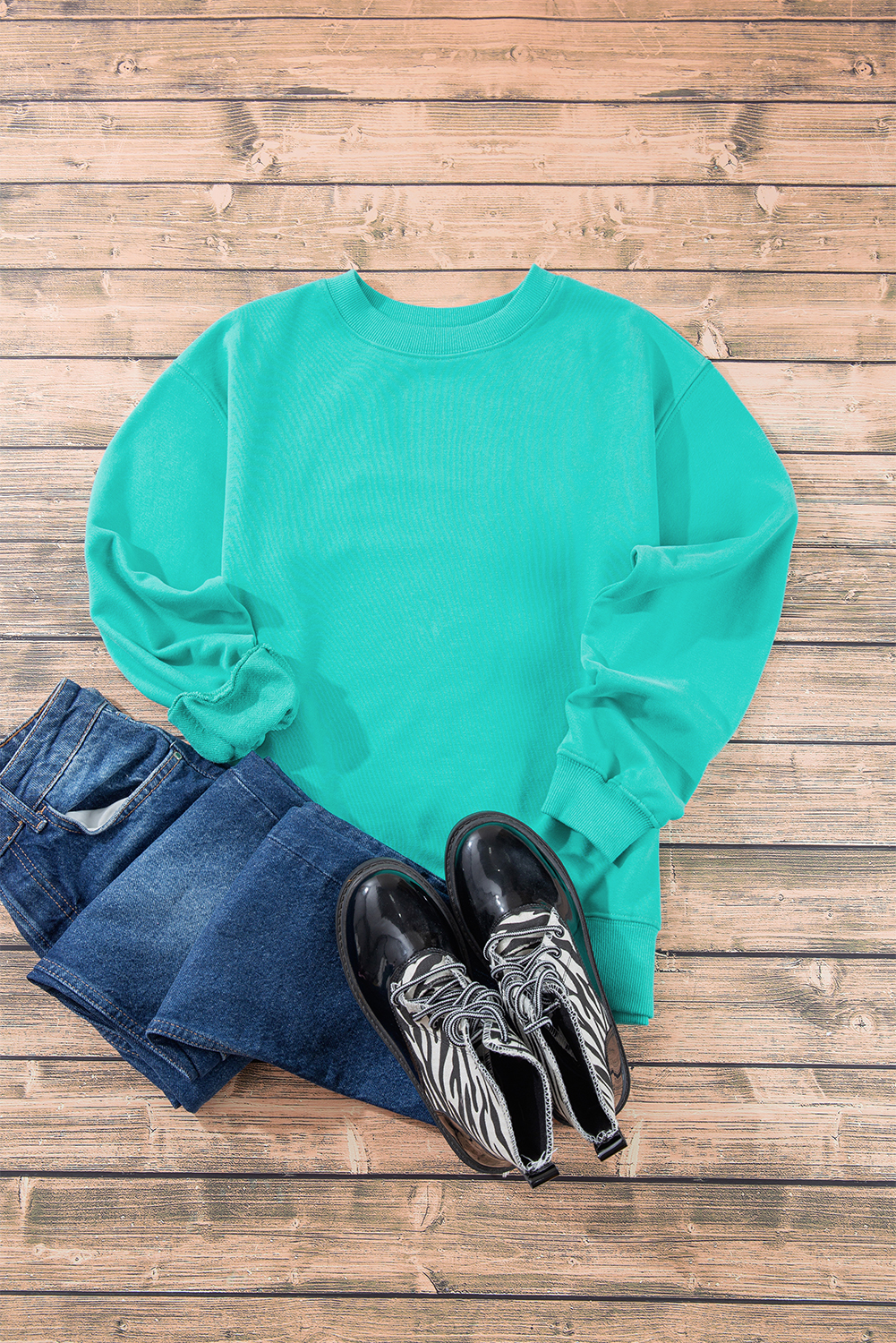 Navy Blue Plain Drop Shoulder Crewneck Pullover Sweatshirt - loveforevers