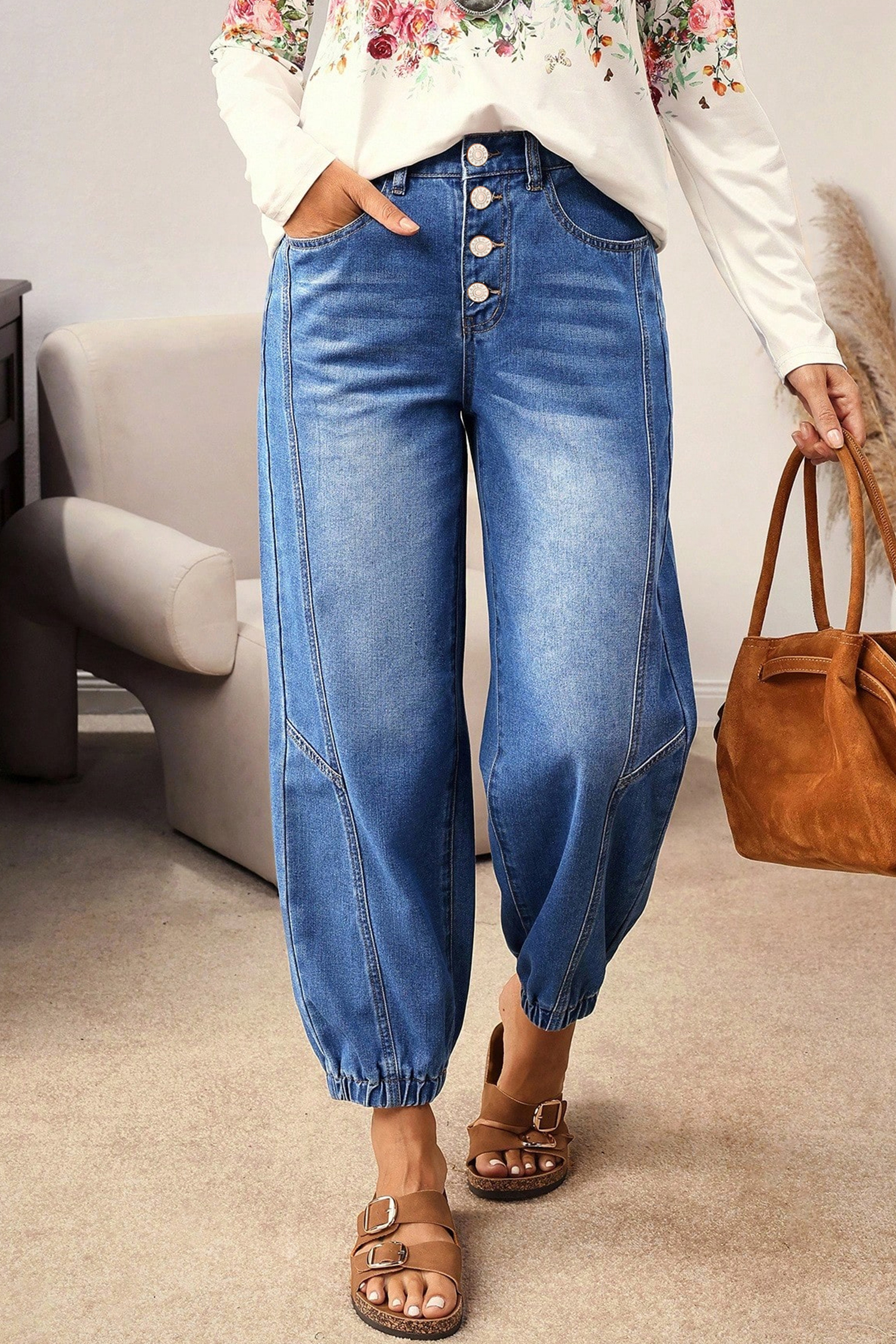 Blue 4 Buttons Front Tapered Casual Loose Fit Jeans - loveforevers