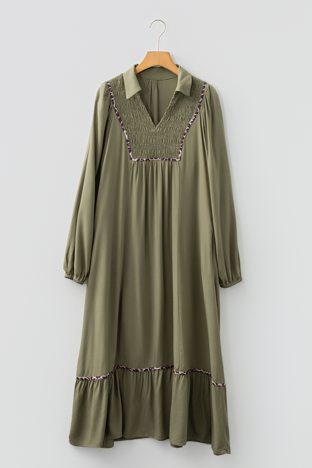 Four Leaf Clover Collared V Neck Smocked Detail Contrast Leopard Trim Bracelet Sleeve Long Dress - loveforevers