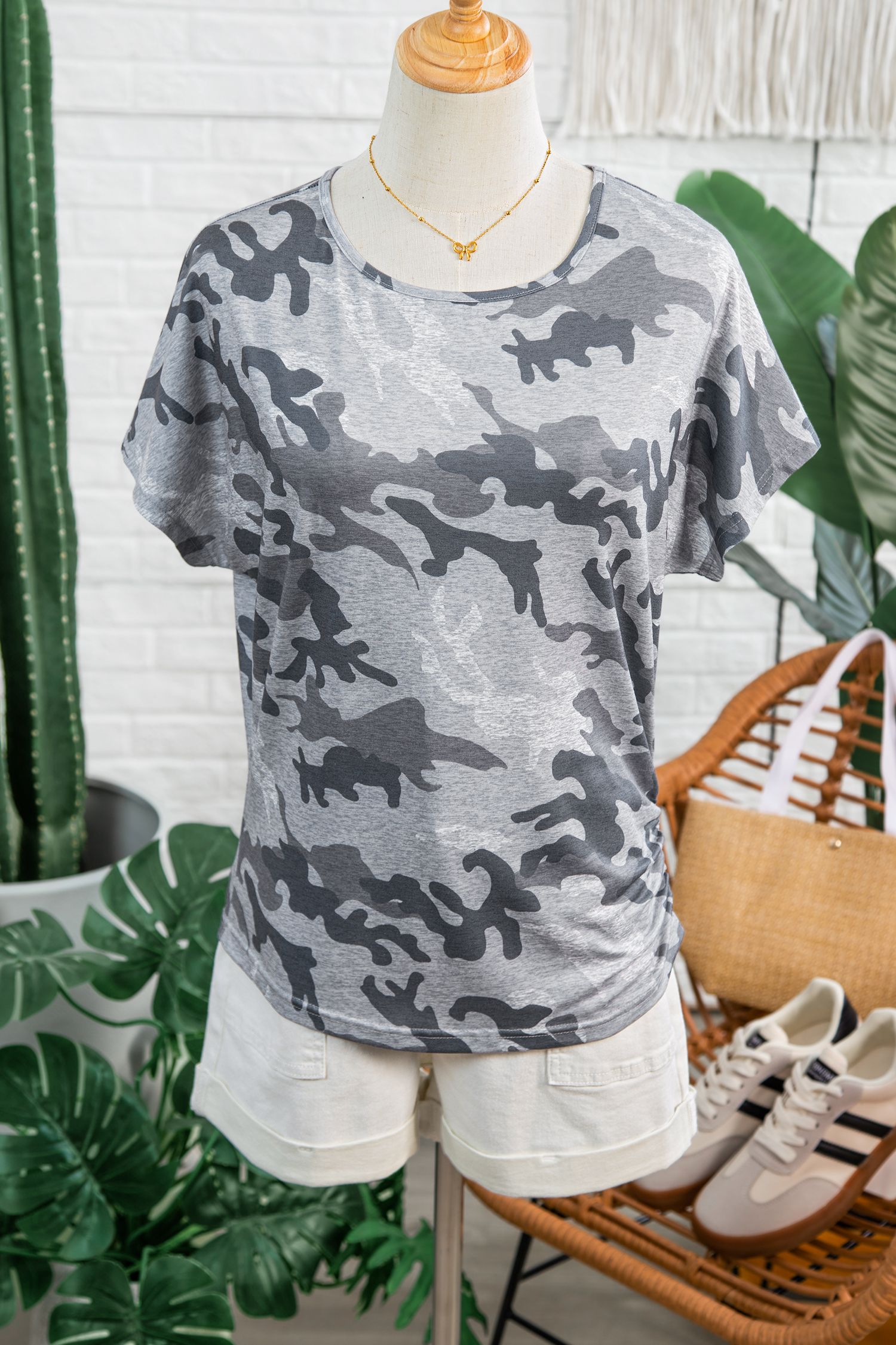 Gray Camouflage Print Round Neck T Shirt - loveforevers