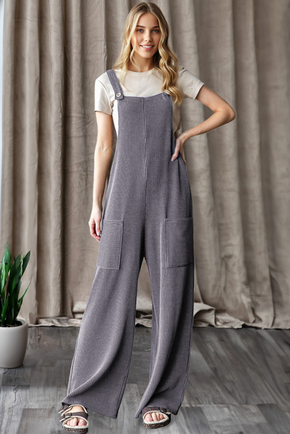 Dark Grey Ribbed Knit Patched Pocket Wide Leg Overalls - loveforevers