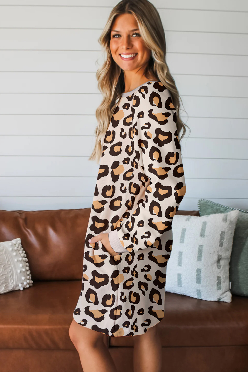 Khaki Leopard Long Sleeve Shift T Shirt Dress with Pockets - loveforevers