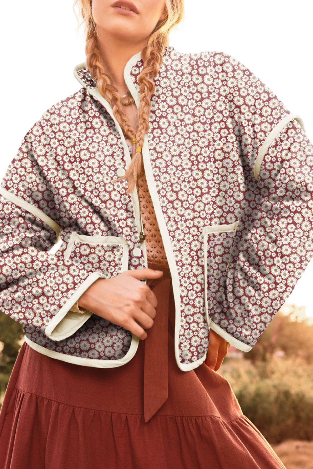 Pink Floral Print Contrast Edge Pocketed Stand Neck Jacket - loveforevers